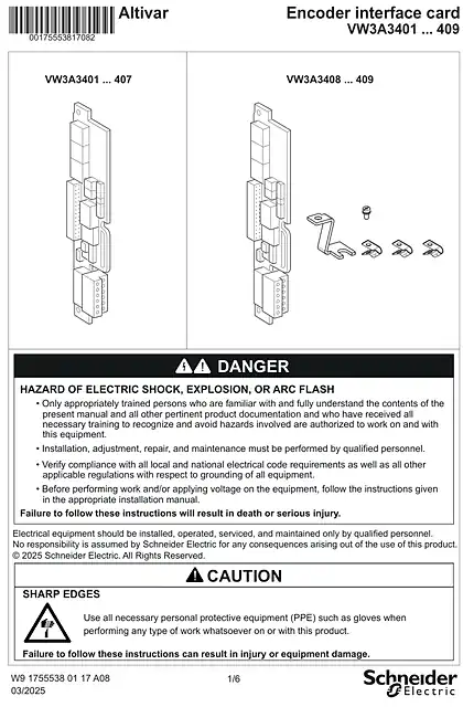 schneider施耐德Instruction sheet - Encoder card - VW3A3401 ... 409